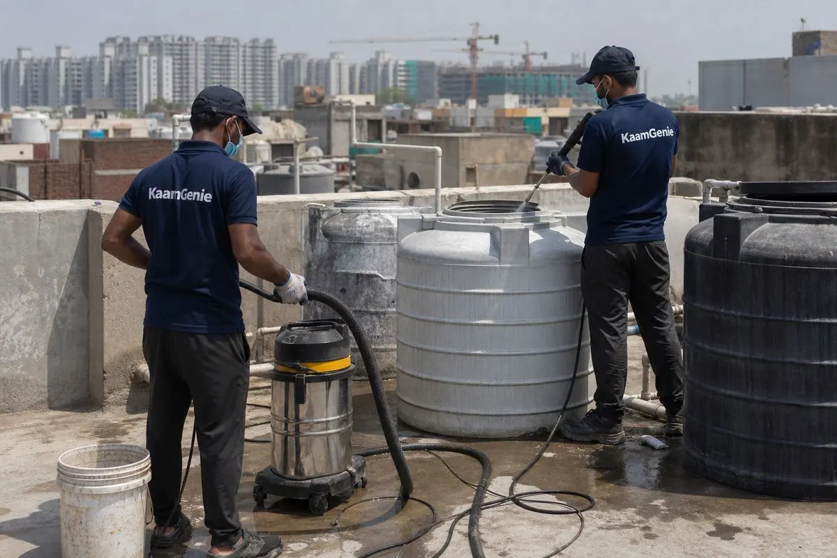 KaamGenie crew cleaning a water tank in Sarojini Nagar, Delhi