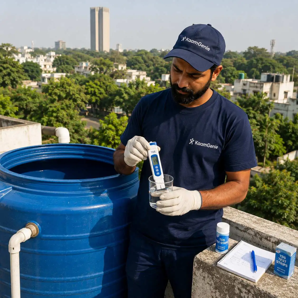 KaamGenie crew cleaning an overhead water tank on a Sarvodaya Enclave rooftop in South Delhi
