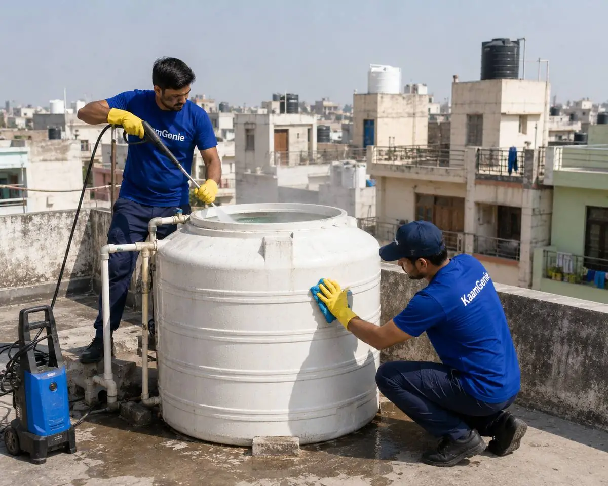 KaamGenie crew cleaning a water tank in Satyawati Nagar, North Delhi