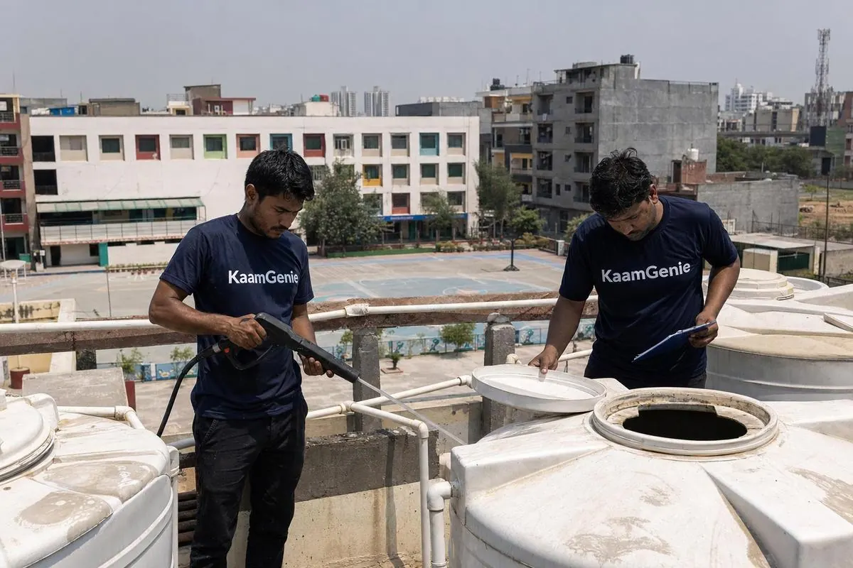KaamGenie crew cleaning a large rooftop water tank cluster at a Delhi school campus during a weekend service window