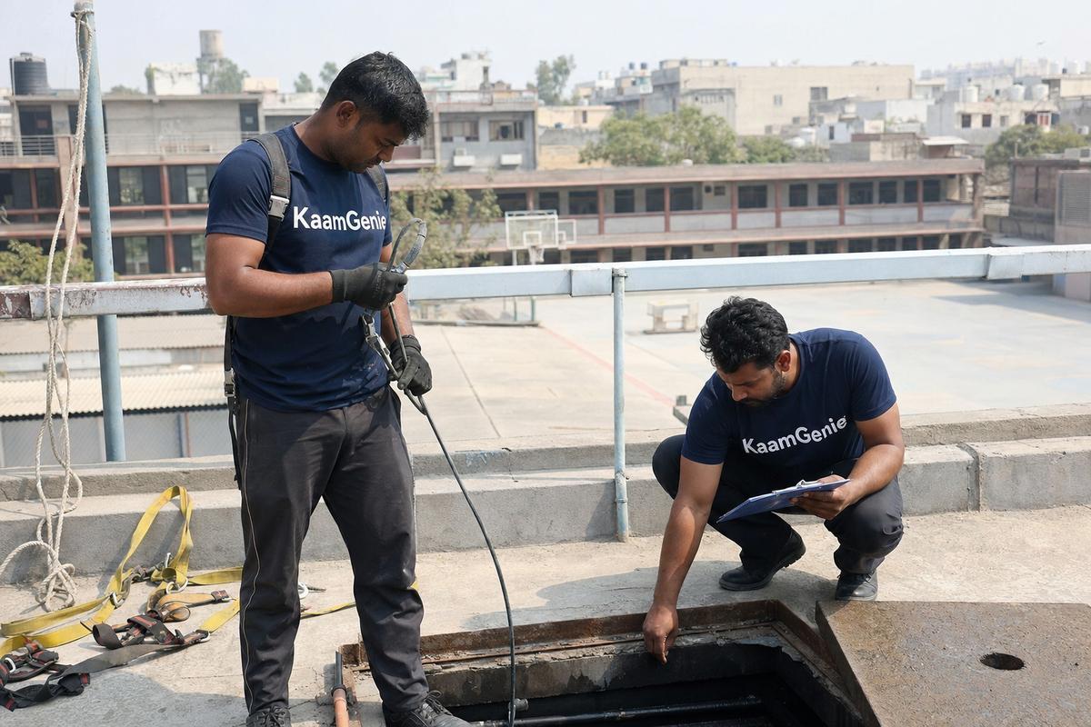 KaamGenie crew member showing the post-cleaning water quality test certificate to a Delhi school admin officer in the principal office
