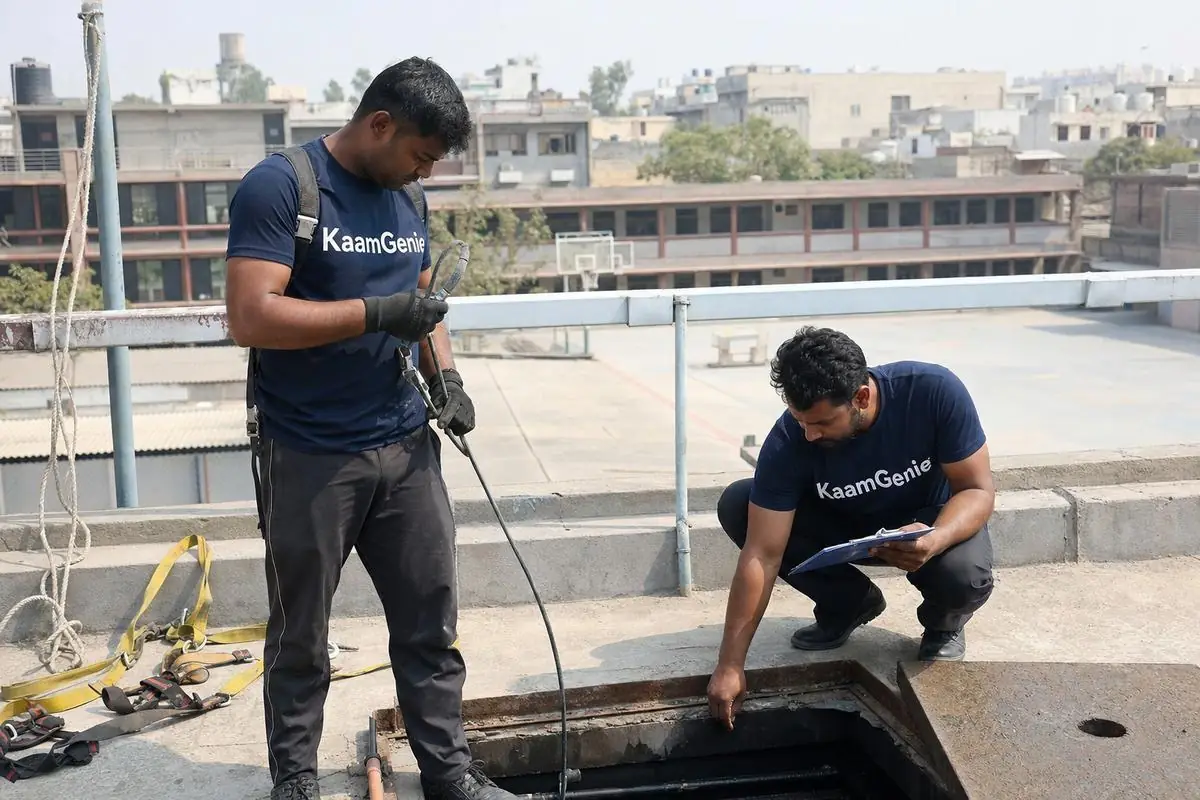 KaamGenie crew member showing the post-cleaning water quality test certificate to a Delhi school admin officer in the principal office