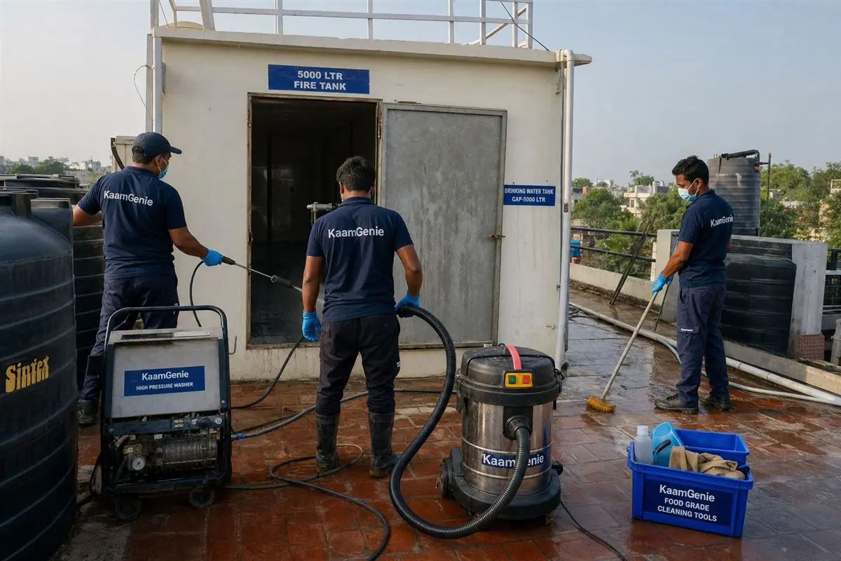 KaamGenie crew cleaning rooftop water tanks at a Delhi school during the holidays with the campus empty