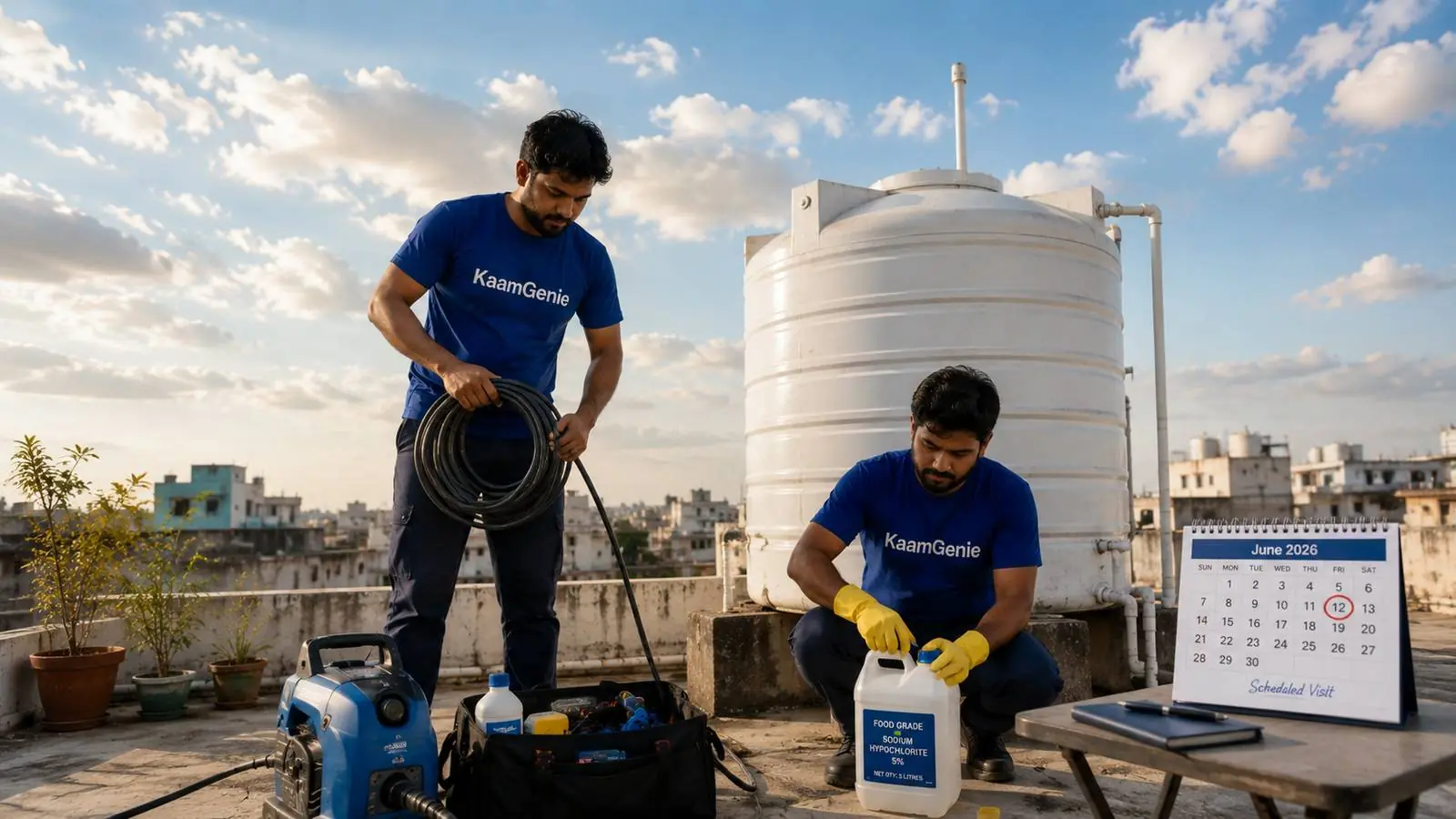 A Delhi rooftop water tank with a partly cloudy seasonal sky in the background, KaamGenie crew preparing equipment for a scheduled seasonal cleaning