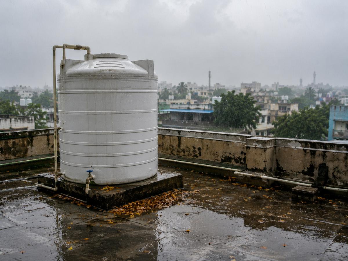 A Delhi rooftop water tank with monsoon rain and dust on the lid surrounded by puddles, leaves visible near the tank base, demonstrating monsoon-season contamination risk