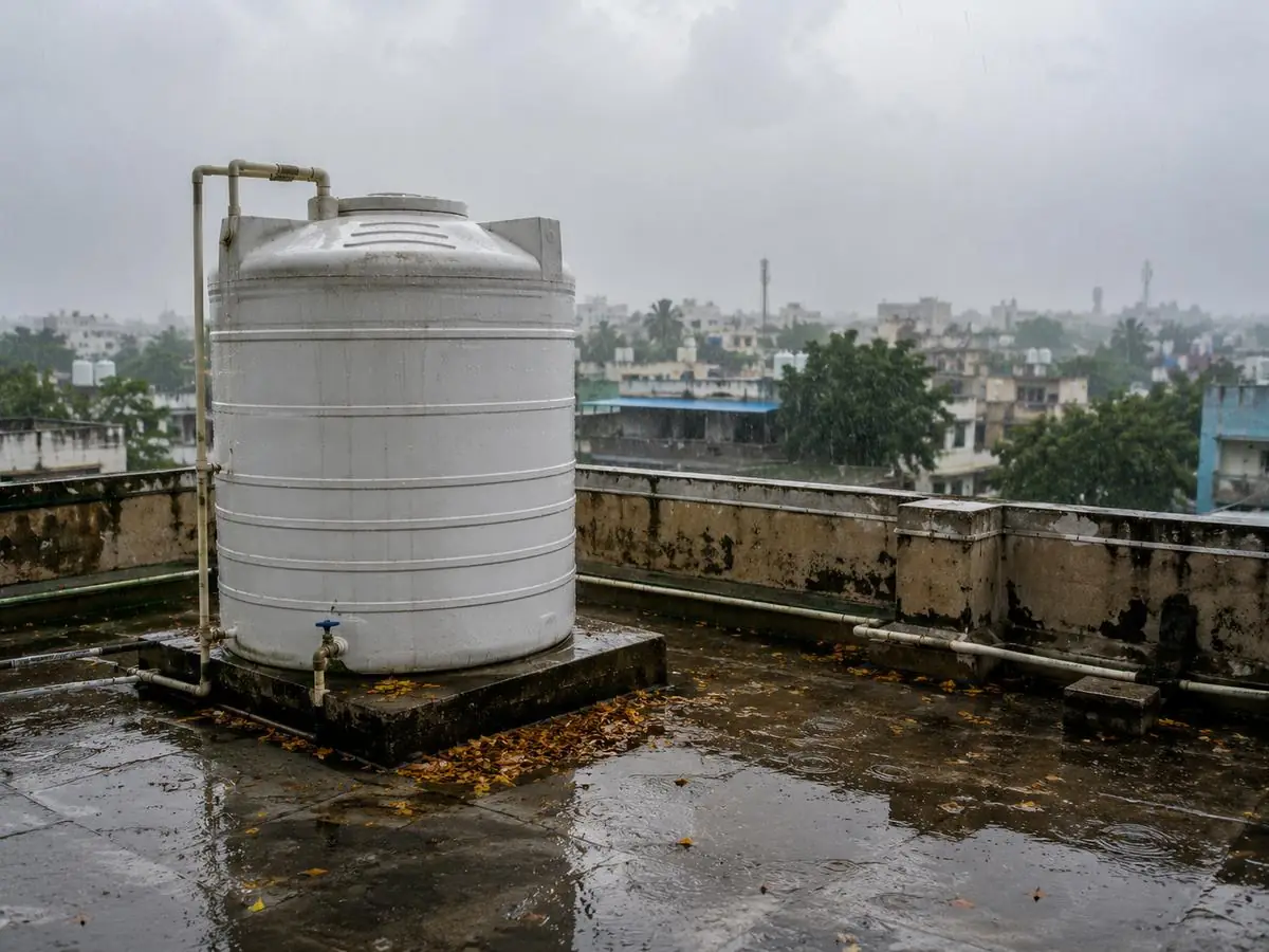 A Delhi rooftop water tank with monsoon rain and dust on the lid surrounded by puddles, leaves visible near the tank base, demonstrating monsoon-season contamination risk
