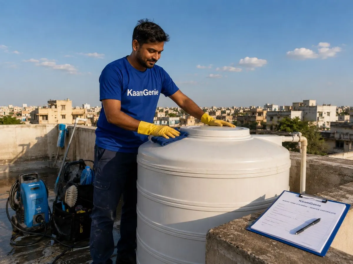 A KaamGenie crew member finishing the post-monsoon October cleaning of a Delhi rooftop water tank, golden hour light, clear sky after the monsoon season
