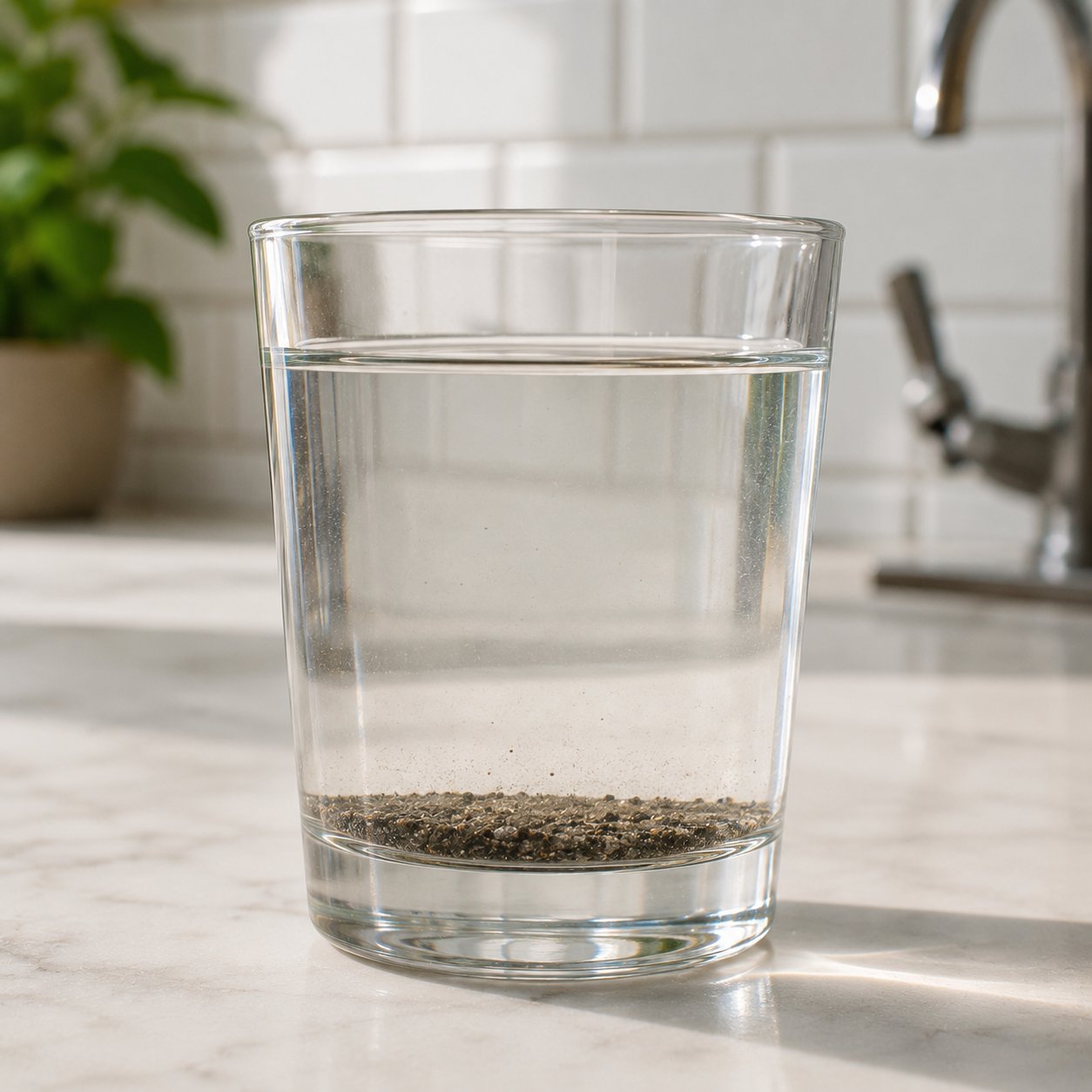 A glass of tap water on a Delhi kitchen counter with visible sediment - sand and dark particles - settled at the bottom after 10 minutes, typical of DJB water from older feeder pipes