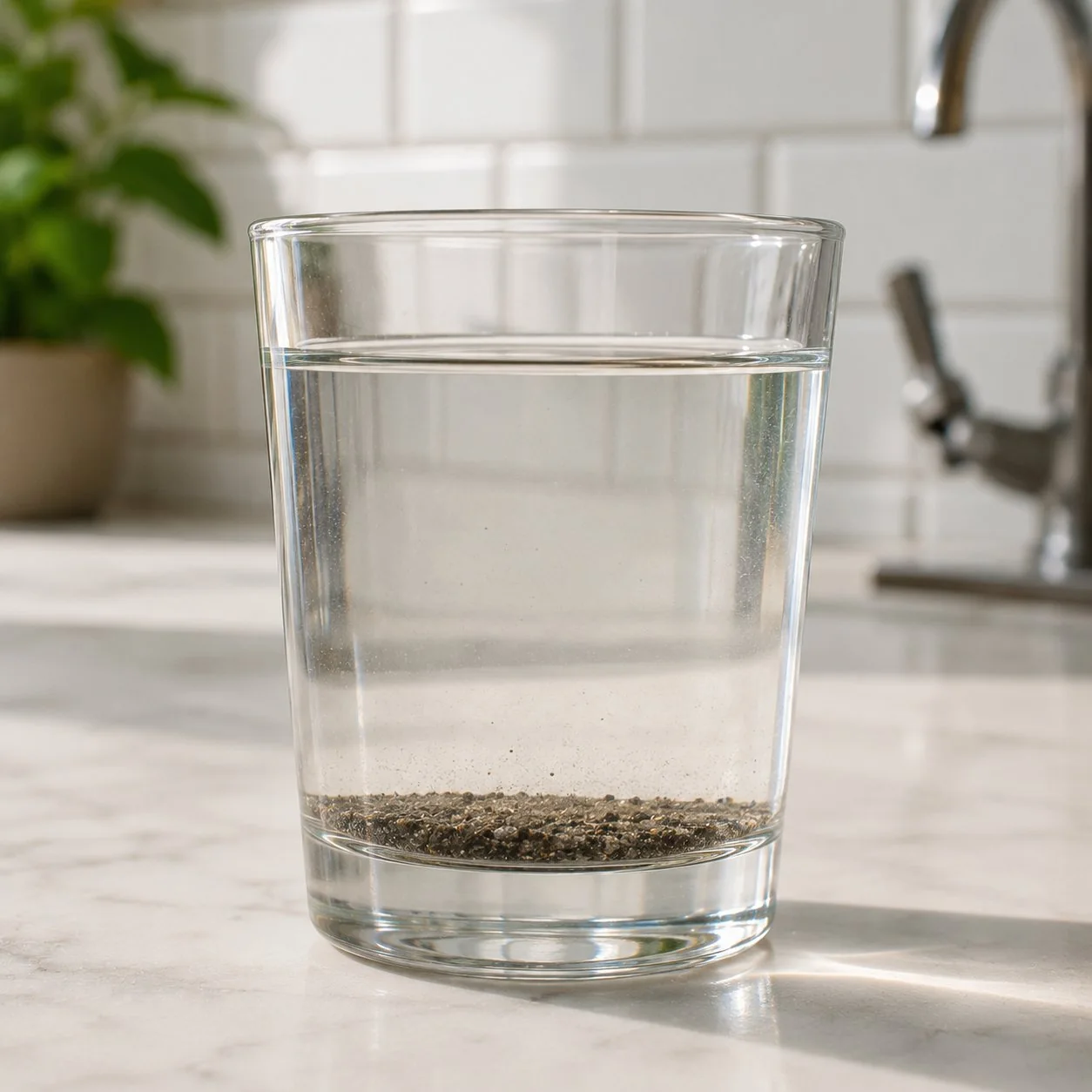 A tall clear glass of tap water on a Delhi kitchen counter with visible sediment - sand and dark particles - settled at the bottom after 10 minutes