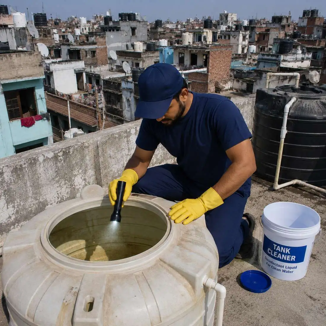KaamGenie crew cleaning a water tank in Seelampur, East Delhi