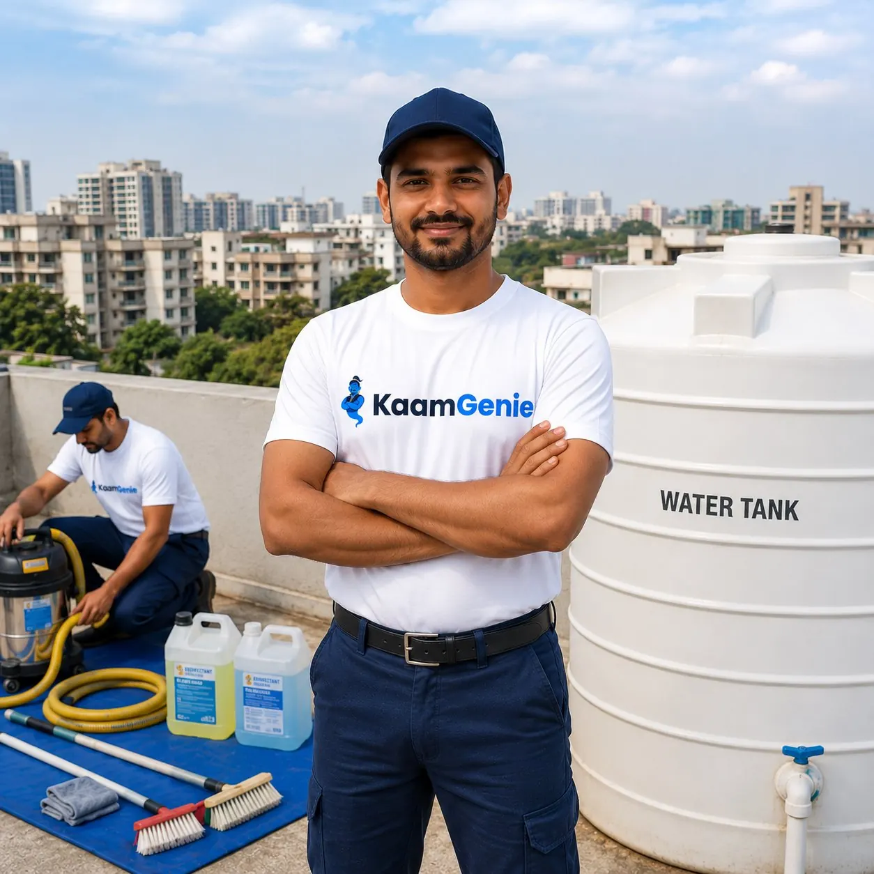 KaamGenie crew member on a Delhi rooftop beside a plastic water tank, ready for cleaning