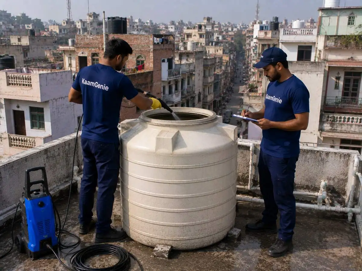 KaamGenie crew cleaning a water tank in Shahdara, East Delhi