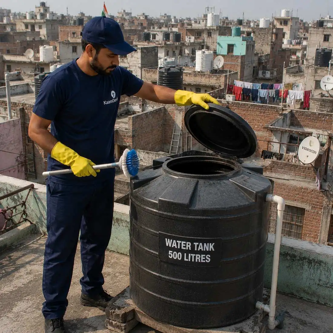 KaamGenie crew cleaning a water tank in Shaheed Bhagat Singh Colony, East Delhi