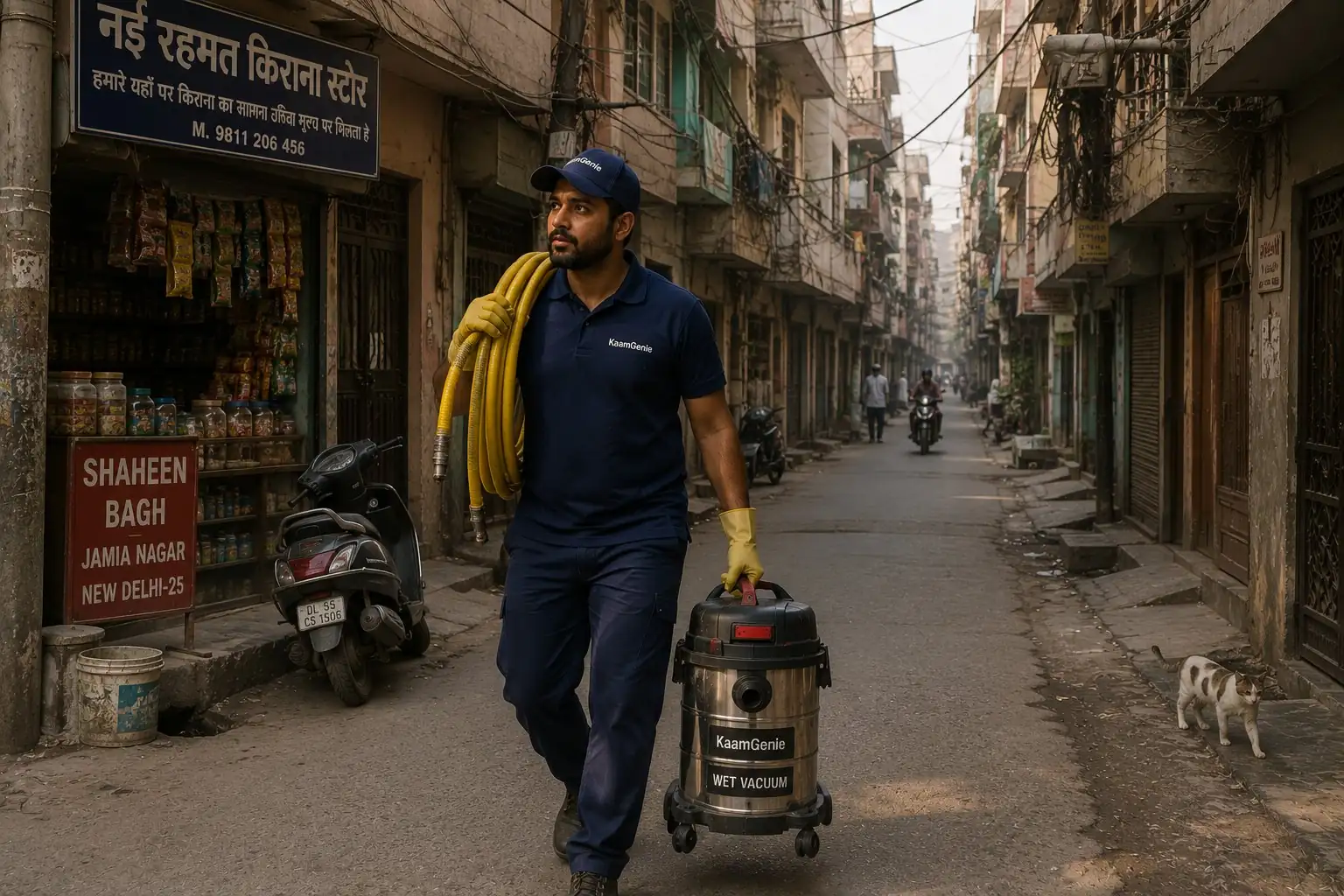 KaamGenie crew member walking through a narrow Shaheen Bagh lane carrying jet wash equipment and a wet-vacuum unit