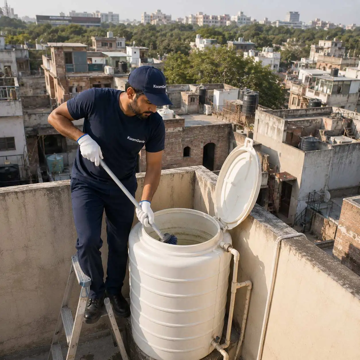 KaamGenie crew cleaning an overhead water tank on a Shahpur Jat rooftop in South Delhi