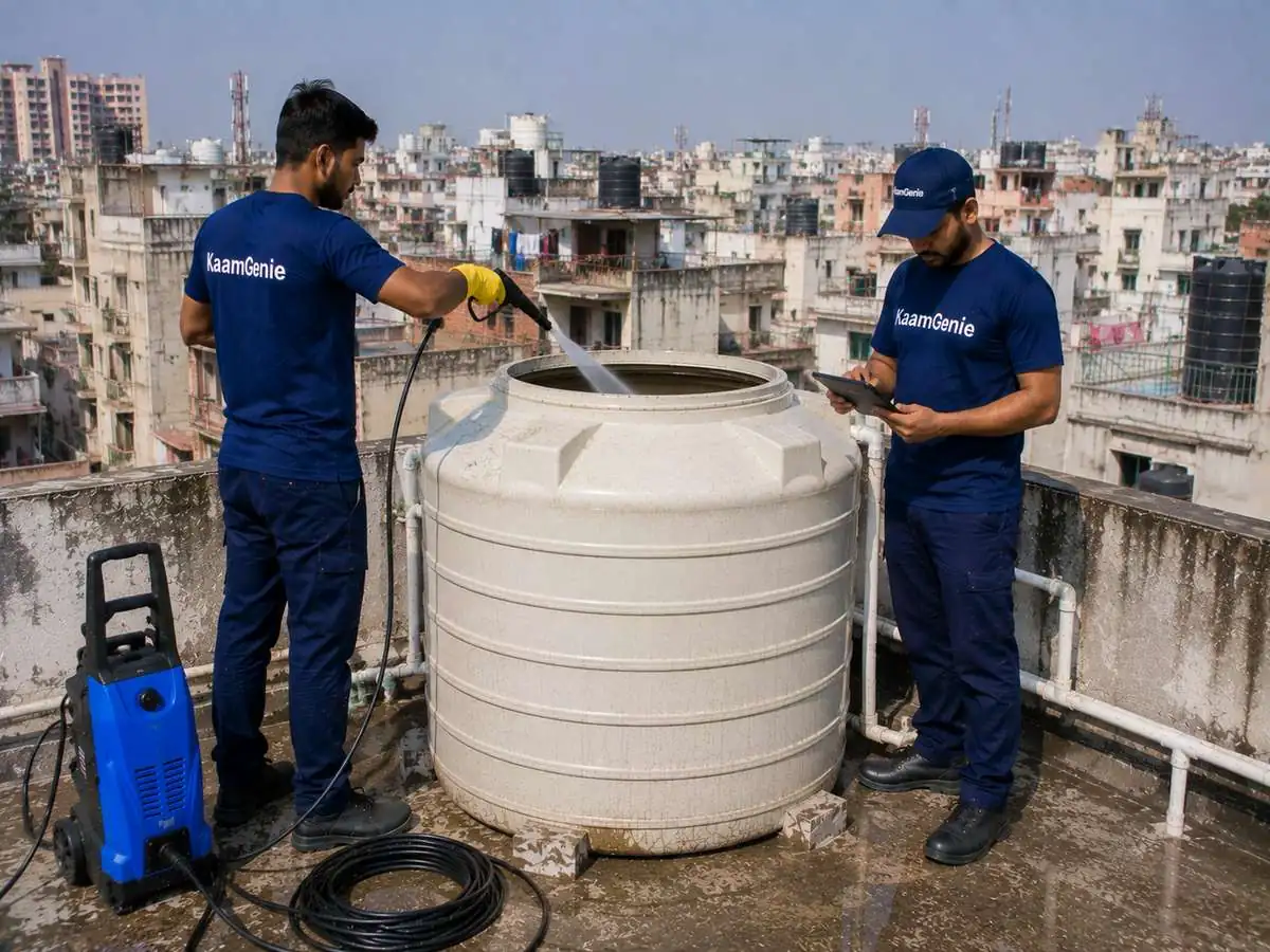 KaamGenie crew cleaning a water tank in Shakarpur, East Delhi