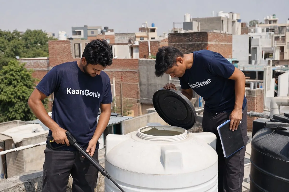 KaamGenie crew cleaning a water tank in Shakti Nagar, North Delhi