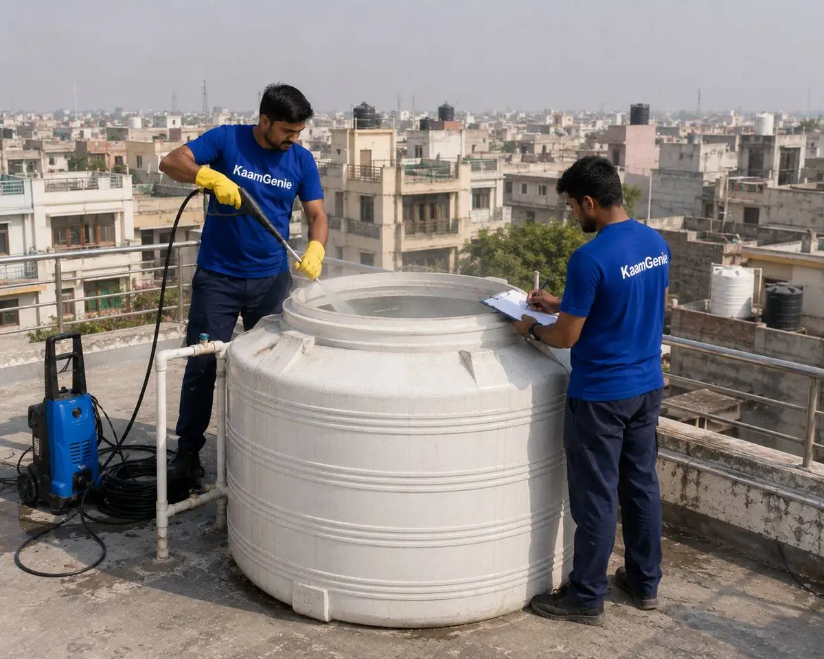 KaamGenie crew cleaning a water tank in Shakurpur, North-West Delhi