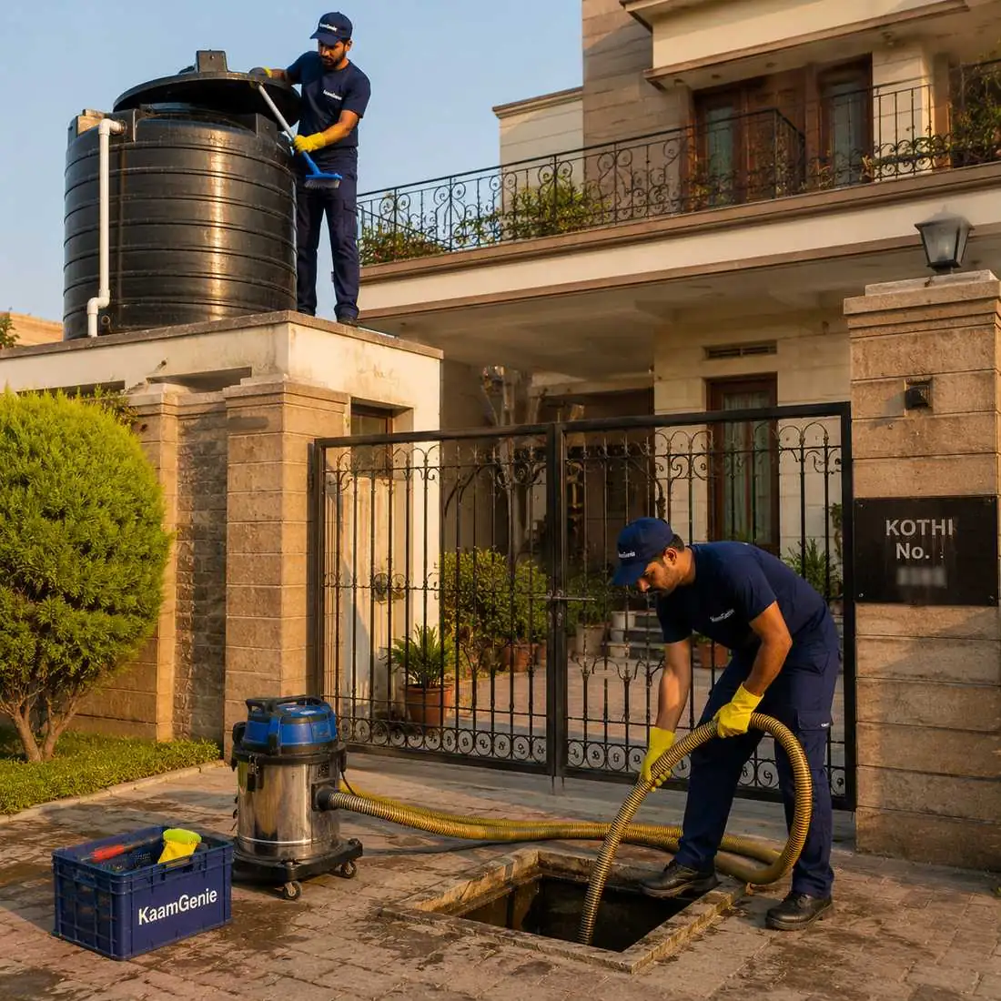KaamGenie crew cleaning a water tank in Shalimar Bagh, West Delhi
