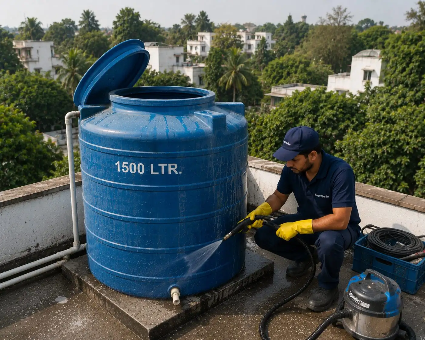 KaamGenie crew cleaning a water tank in Shanti Niketan, South Delhi