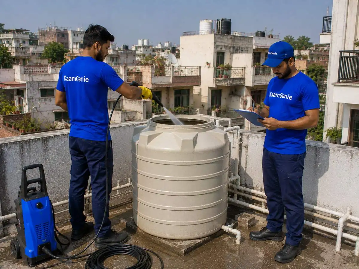 KaamGenie crew cleaning a water tank in Shivaji Park, West Delhi
