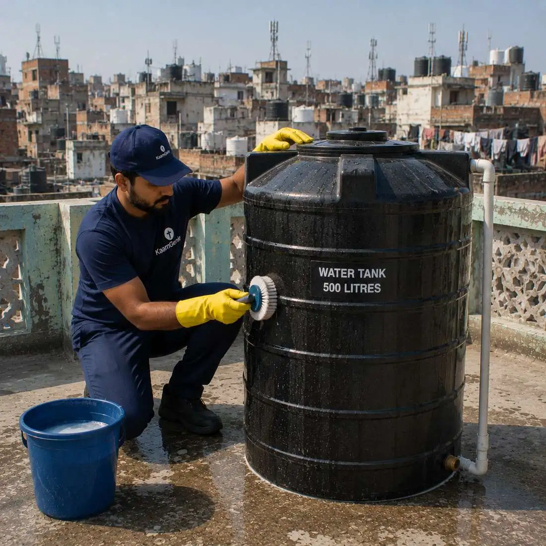 KaamGenie crew cleaning a water tank in Shriram Colony (Rajeev Nagar), East Delhi