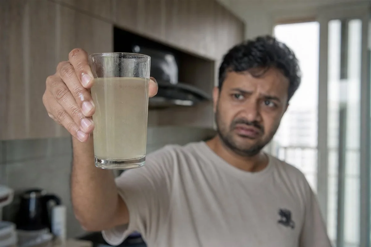 KaamGenie crew checking a cloudy, scale-lined water tank on a Gurgaon rooftop with high-rise towers in the background