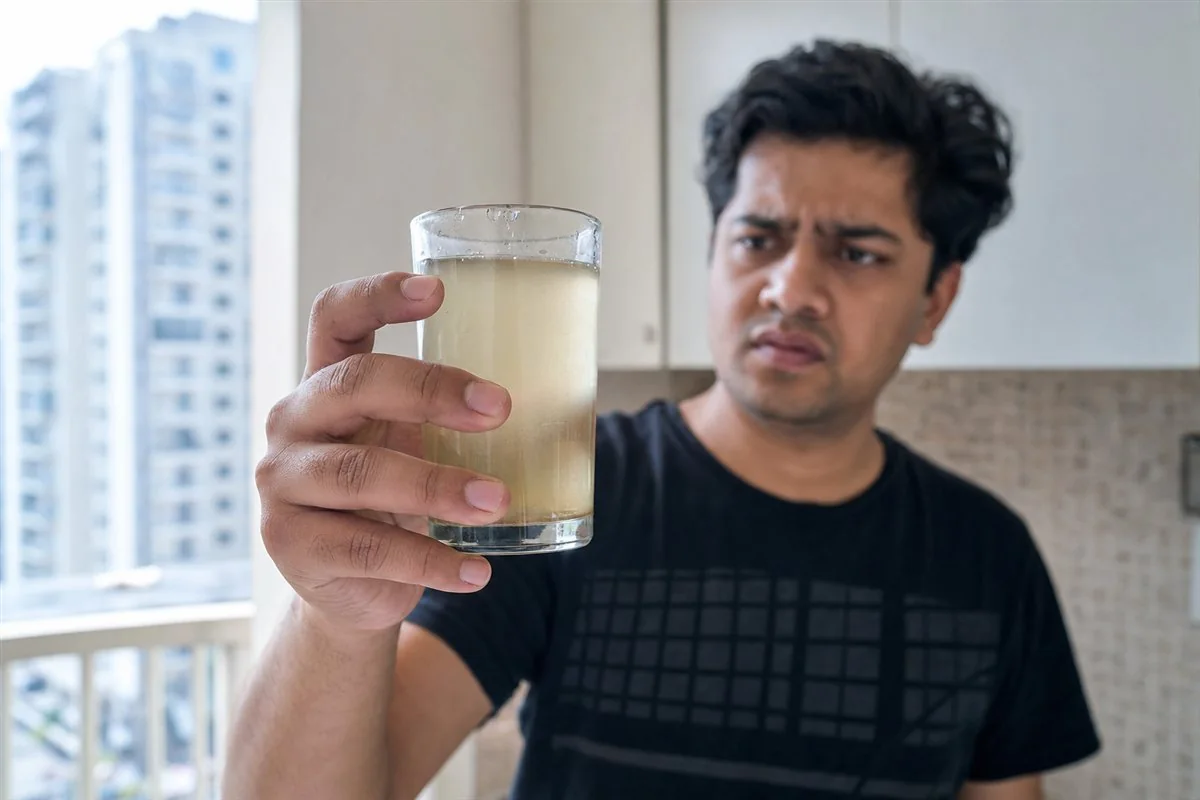 A glass of yellow-tinted tap water beside a glass of clear water in a Noida home - a warning sign the water tank needs cleaning