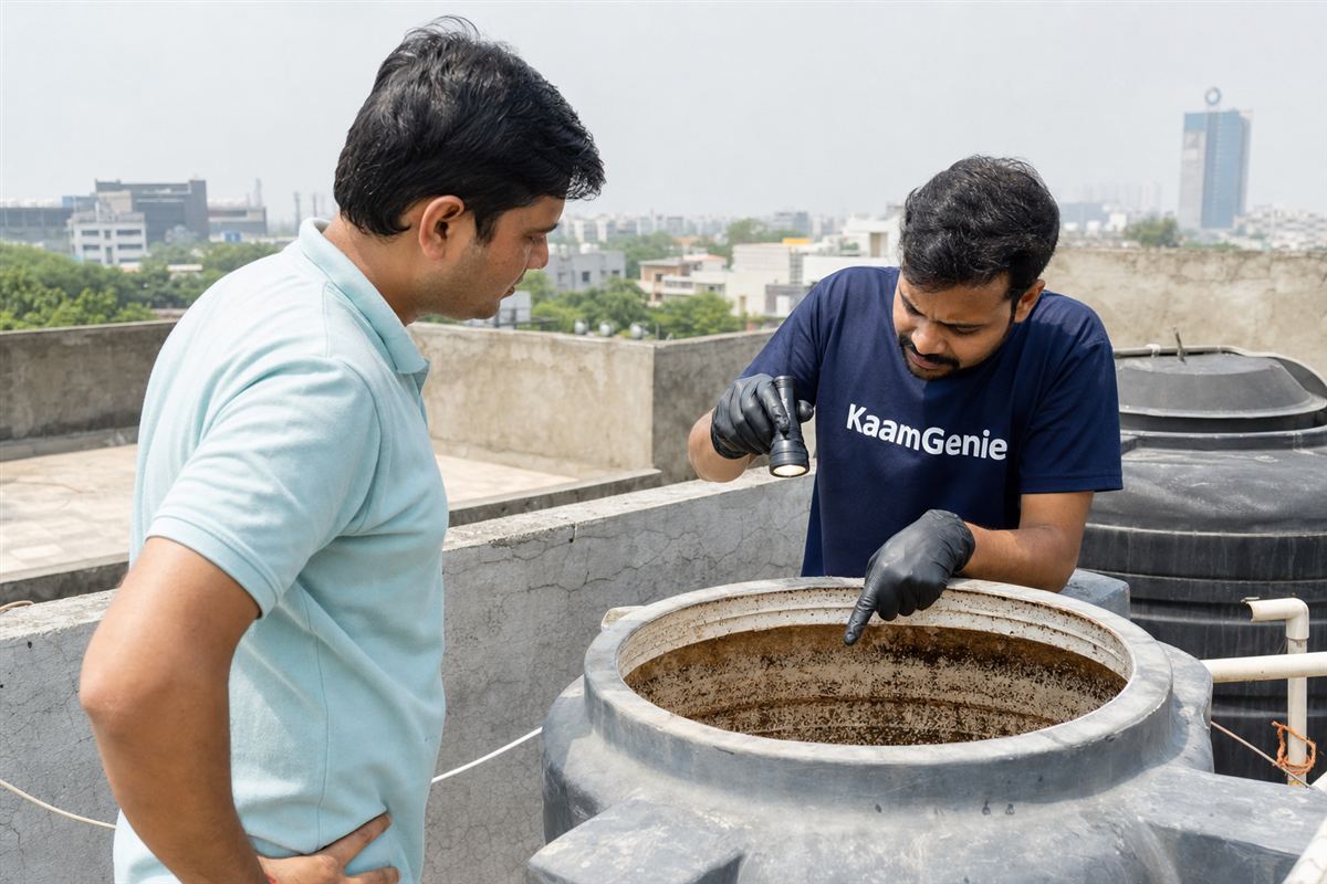 Side-by-side glasses showing yellow-brown tank water versus clear water, a Noida household checking for tank contamination