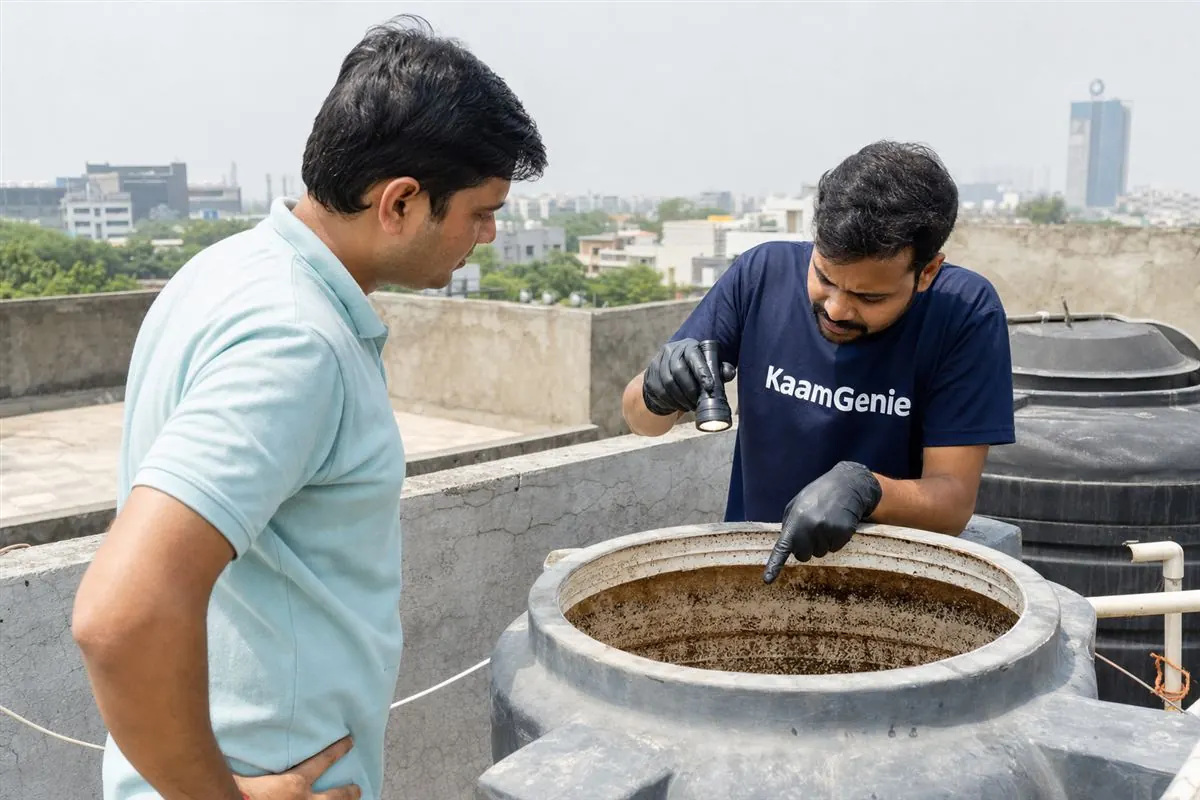 Side-by-side glasses showing yellow-brown tank water versus clear water, a Noida household checking for tank contamination