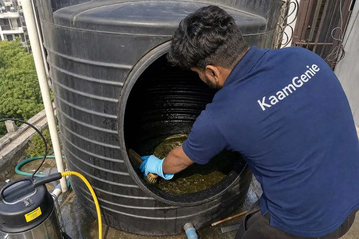 KaamGenie technician scrubbing algae from inside a black Sintex plastic overhead tank on a Delhi rooftop