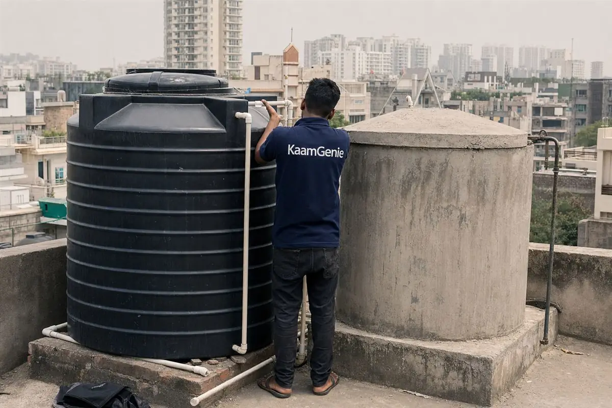A black Sintex plastic water tank and a concrete tank side by side on a Gurgaon rooftop with a KaamGenie crew member in a navy shirt standing between them
