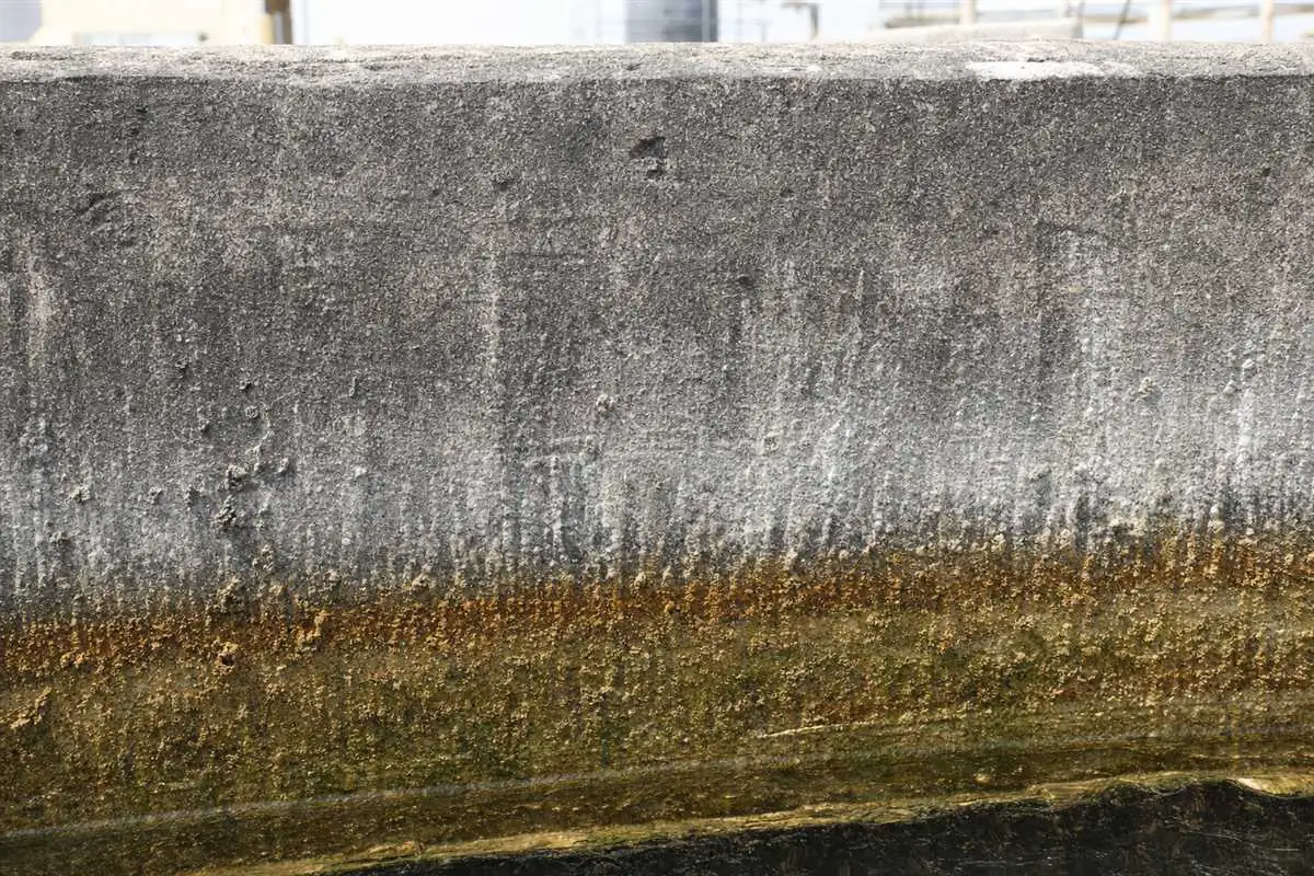 Close-up of hard-water scale and dark biofilm clinging to the rough wall of a concrete water tank in Gurgaon