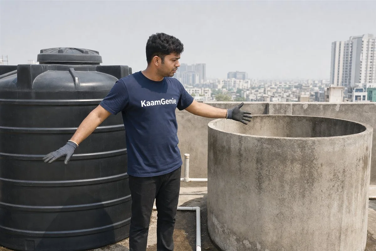 KaamGenie crew in Noida comparing a smooth rooftop Sintex plastic tank with a porous underground concrete RCC reservoir