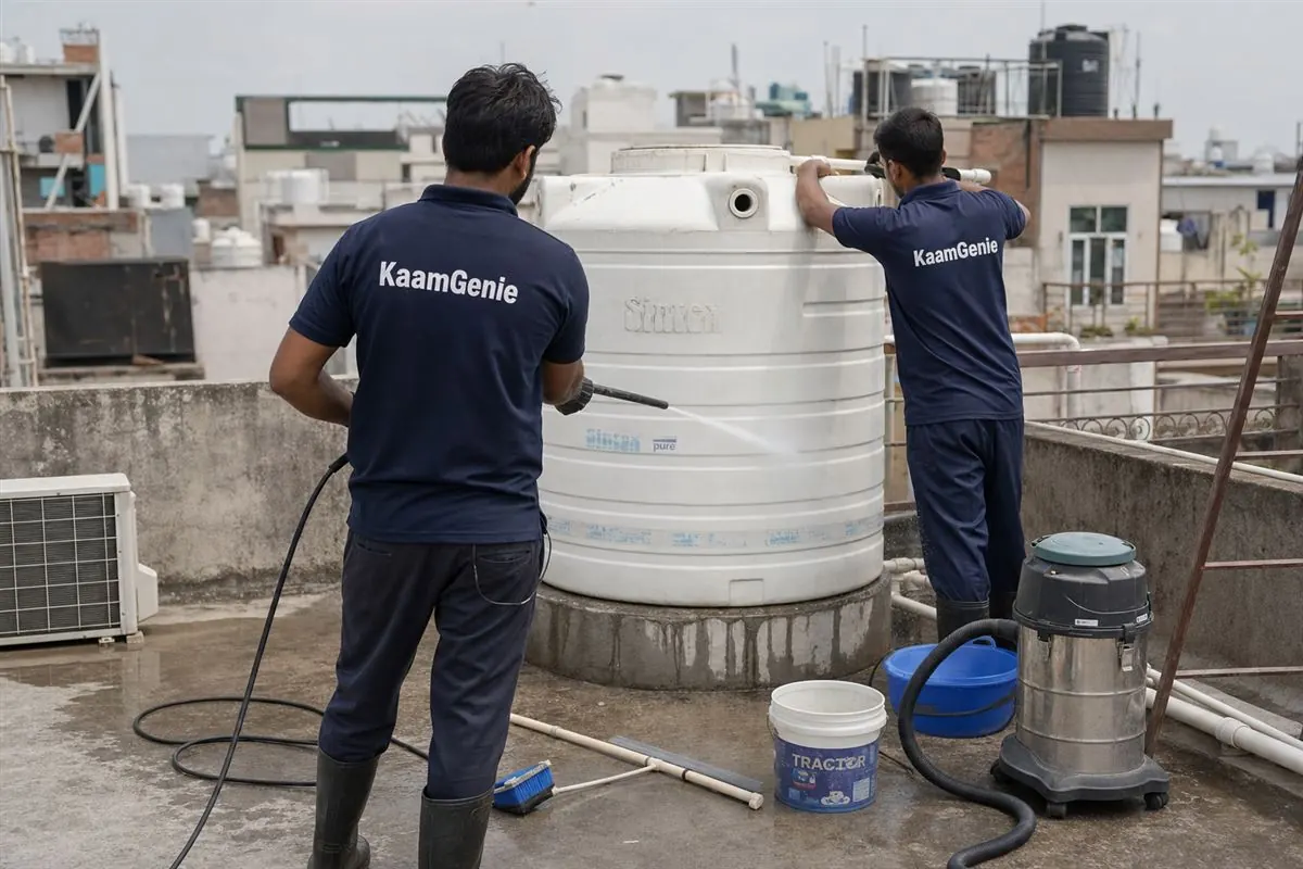 KaamGenie crew cleaning a water tank in Sitapuri, Delhi