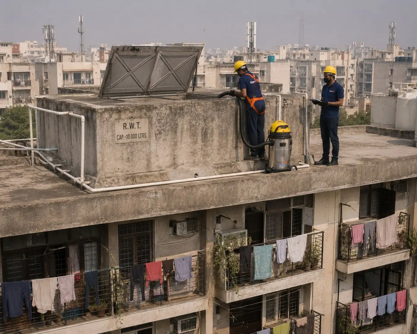 A large concrete water reservoir on the rooftop of a Delhi society building being cleaned by KaamGenie crew - two crew members operating equipment, multiple flats visible below