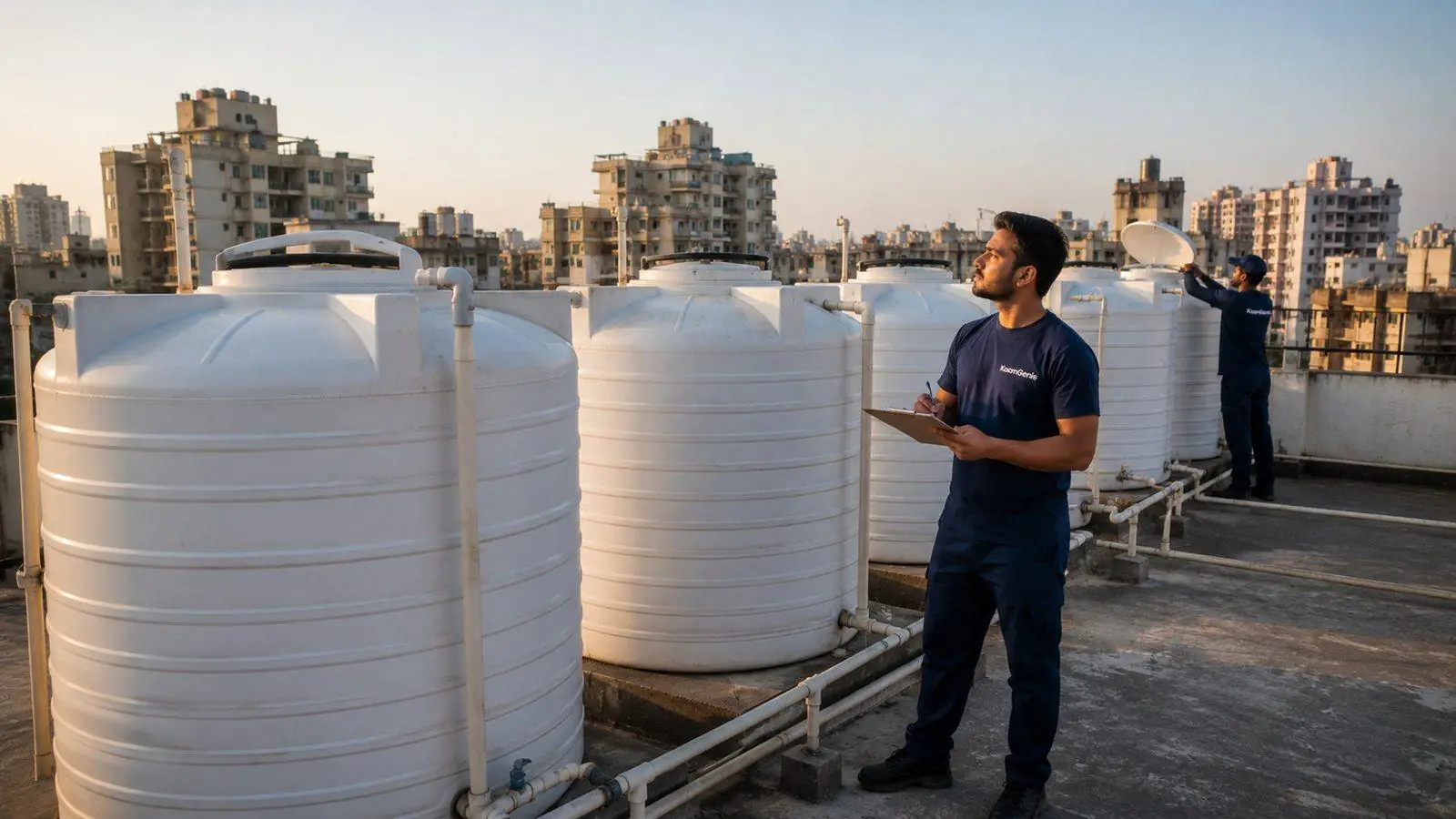 KaamGenie crew inspecting multiple rooftop water tanks on a Delhi apartment society terrace