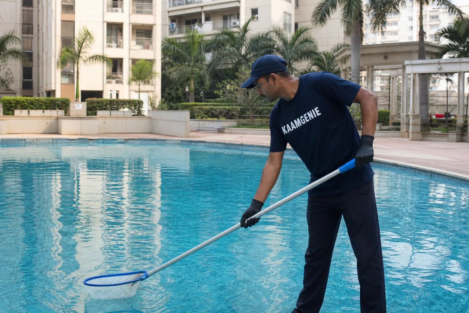 KaamGenie crew cleaning a large apartment clubhouse swimming pool in a Delhi NCR society