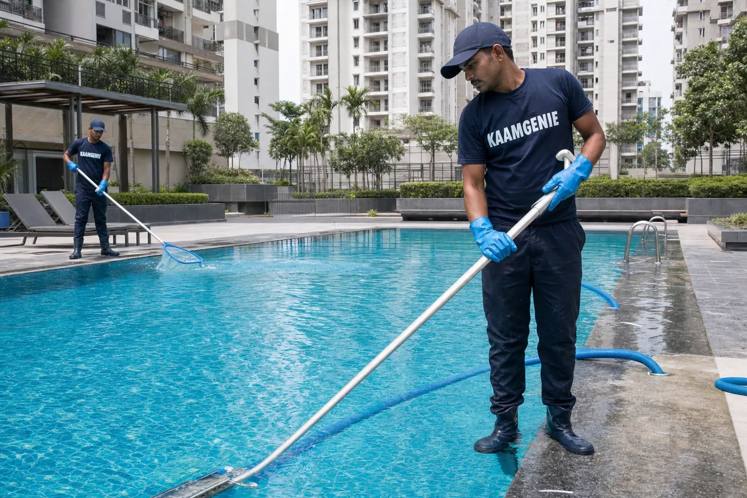 KaamGenie crew vacuuming and brushing the floor of a Delhi apartment society clubhouse swimming pool