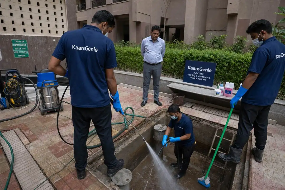 KaamGenie crew cleaning a large underground society water tank in a Delhi apartment complex with RWA member observing, documentary photo
