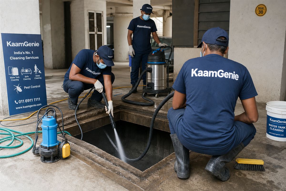 KaamGenie crew cleaning a large underground water sump in a Delhi apartment society basement with safety gear and pumps