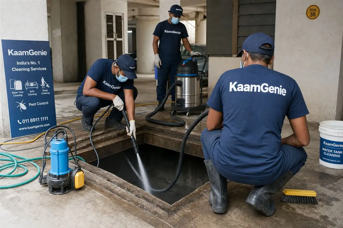 KaamGenie crew cleaning a large underground water sump in a Delhi apartment society basement with safety gear and pumps