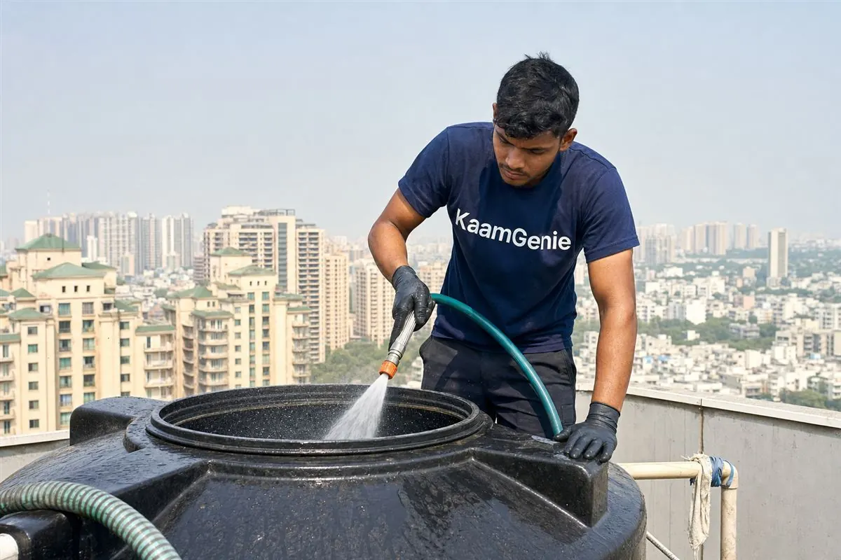 Diagram-style photo of a Gurgaon high-rise water system - underground reservoir at the base fed by borewell and tankers, feeding pumps that lift water to rooftop overhead tanks on each tower