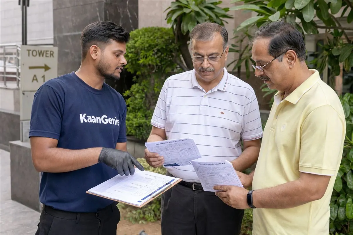 Close-up of heavy calcium and iron scale plus tanker silt build-up inside a Gurgaon condominium underground reservoir wall before cleaning
