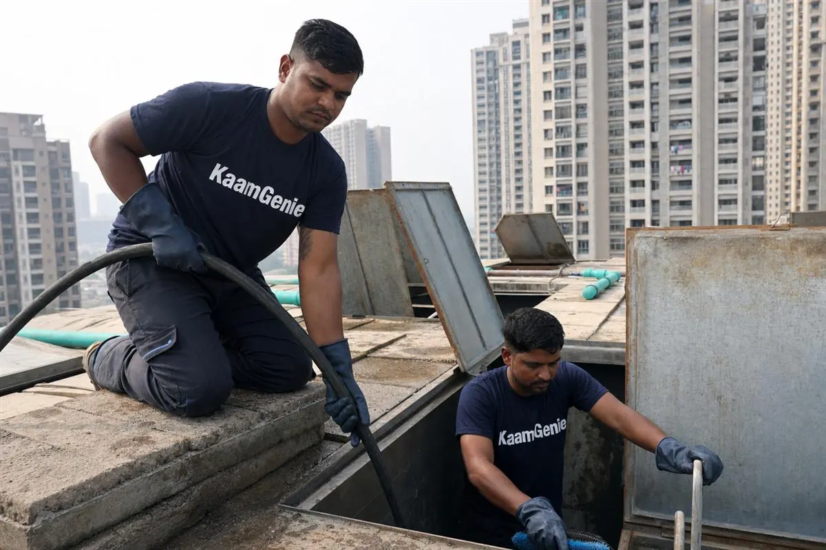 KaamGenie crew cleaning a high-rise society underground water reservoir in Noida with residential towers behind
