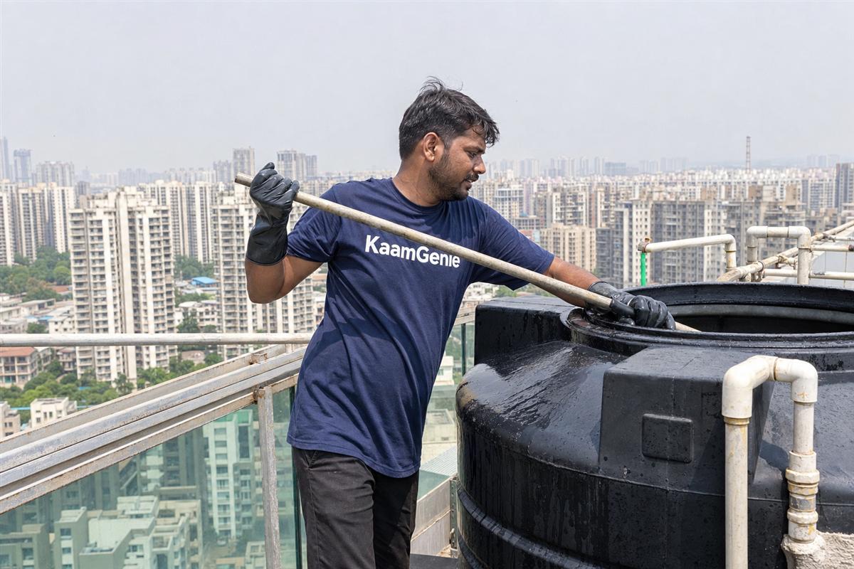 Diagram-style photo of a Noida high-rise water system - underground reservoir at the base feeding pumps that lift water to rooftop overhead tanks on each tower