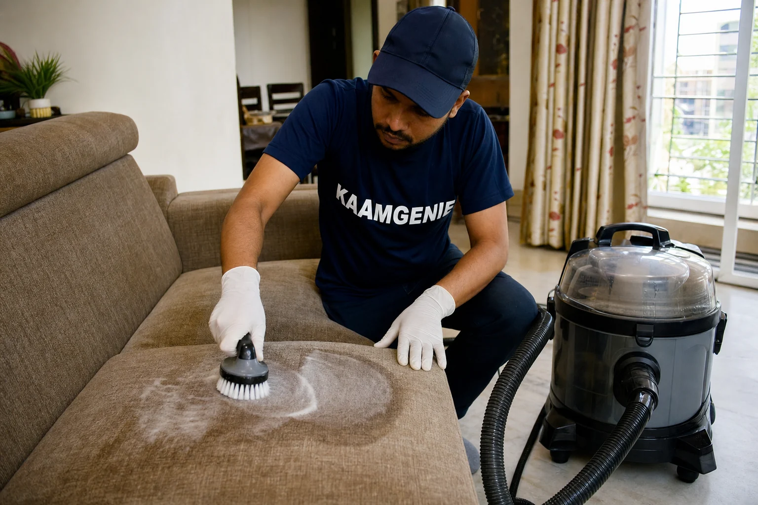 KaamGenie crew shampooing a fabric sofa at a Delhi NCR home with a wet-vacuum extraction machine