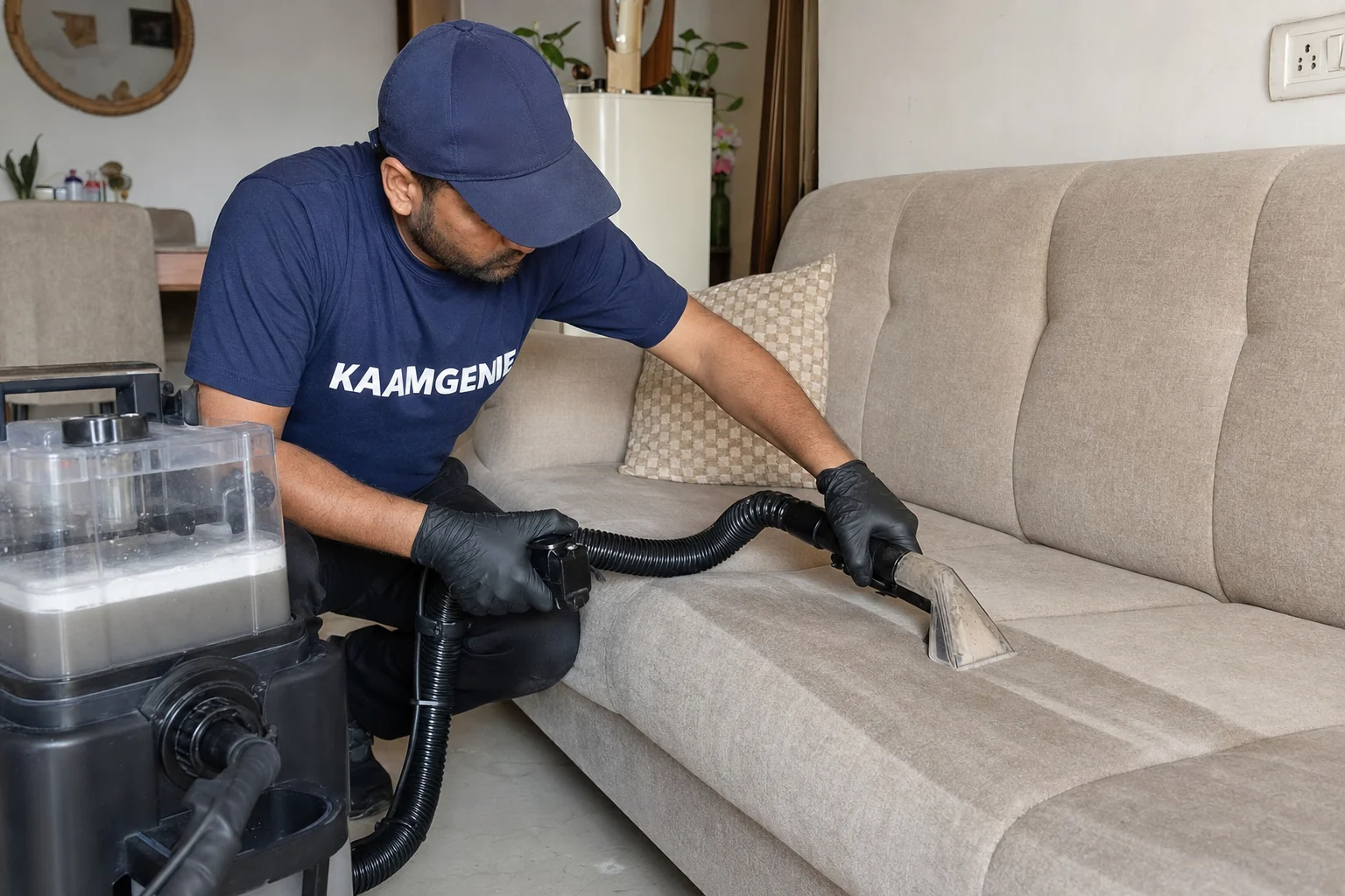 KaamGenie crew doing sofa deep cleaning at a Delhi NCR home