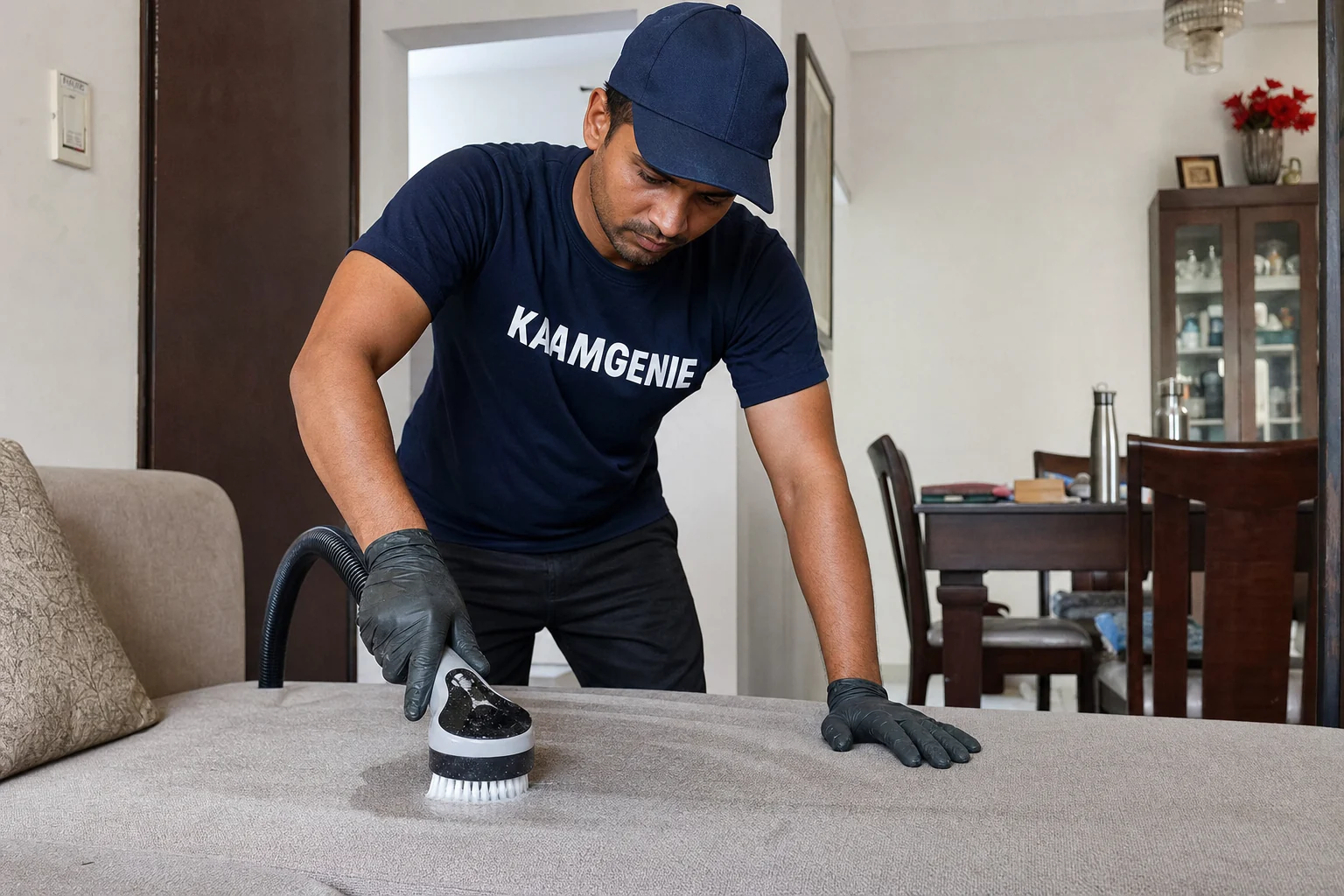 KaamGenie crew cleaning a fabric sofa at a Delhi home