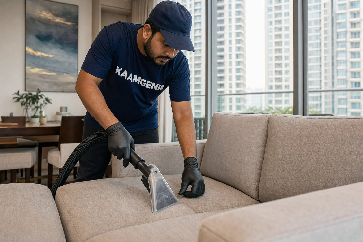 KaamGenie crew cleaning a fabric sofa at a Gurgaon home